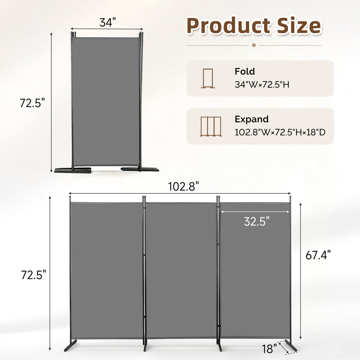 3-Panel Folding Room Divider 72.5" Tall Privacy Screen – Freestanding Portable Partition Wall with Wide Stable Base for Home Office Bedroom Studio Apartment