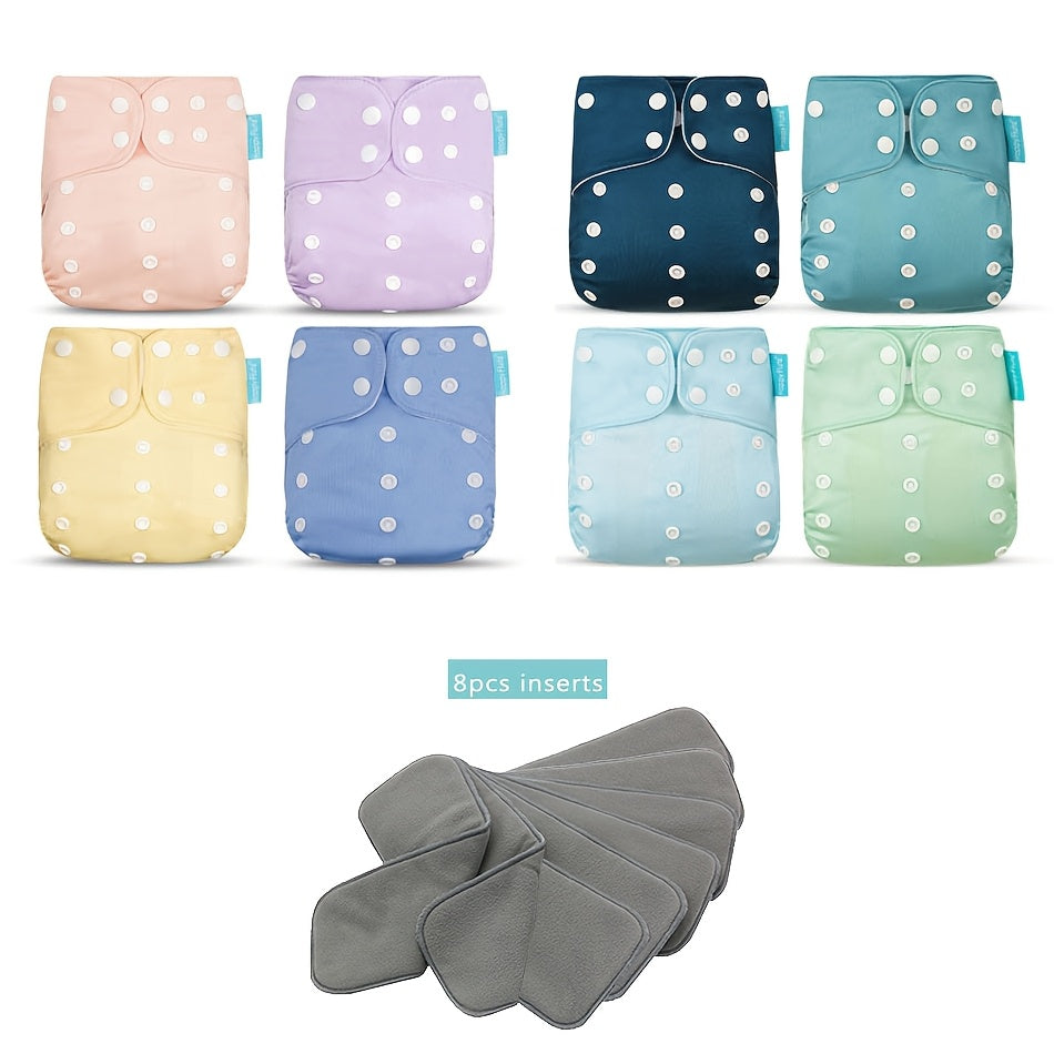 HappyFlute 8-Pack Washable Pocket Cloth Diapers + 8-Pack Inserts Set, Reusable Newborn Baby Cloth Diaper Suit, 4 Print Styles Including Fox & Whale Rainbow & Animals Love & Birds & Plain