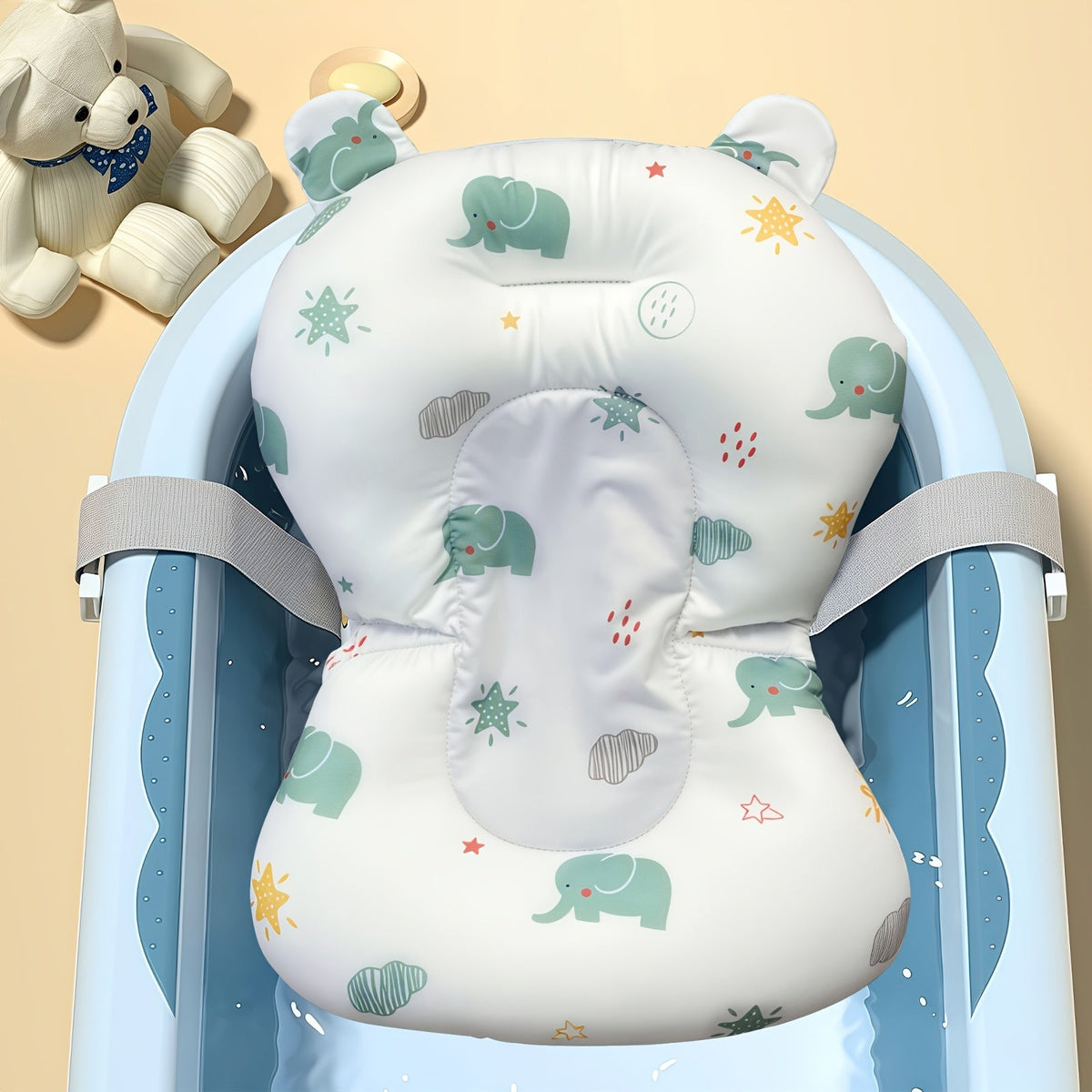 Baby Bath Support Mat Cushion for Newborns, Non-Slip 3-Point Adjustable Infant Shower Net Seat with Cute Cartoon Prints, Safe Bathing Aid for Boys & Girls (Tub Not Included)