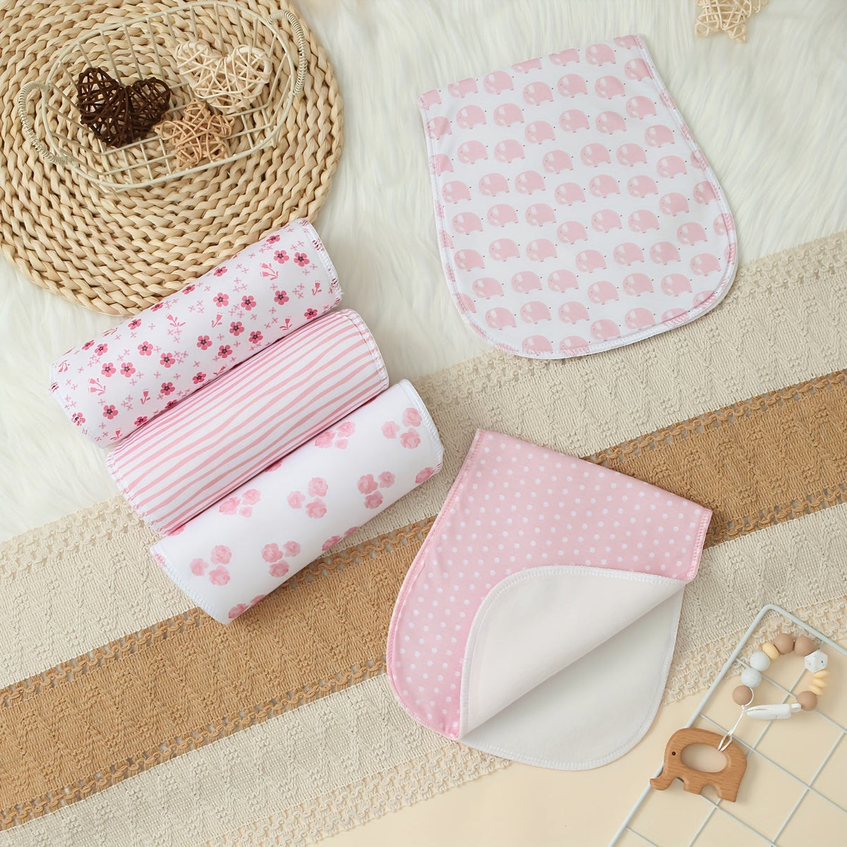 5-Pack Baby Burp Cloths, Large Neutral Newborn Burp Rags & Baby Washcloths for Baby Girls, Soft Absorbent Baby Burp Cloth Set, Gray Star Chain Elephant Pink Polka Dot & Red Heart