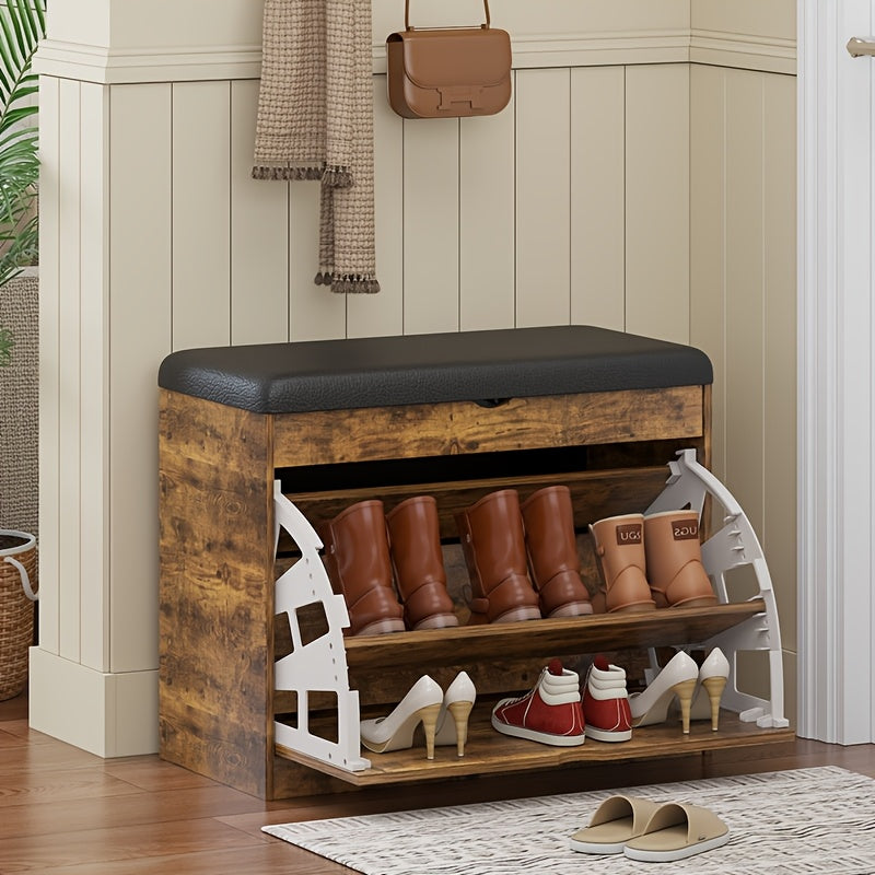 Multifunctional Shoe Cabinet with Upholstered Seat & Drawers – Entryway Shoe Bench Storage All-in-One in Brown & White