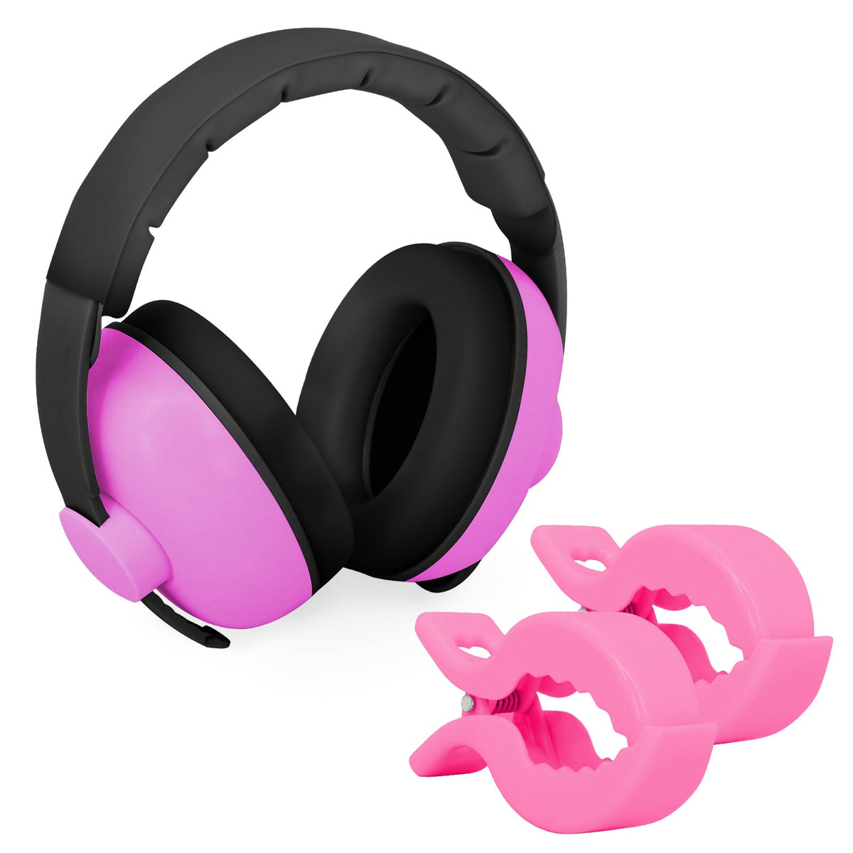 Portable Ear Muff with 2 Baby Stroller Fixing Clips, Soft Padded Adjustable Headband Ear Cover for Outdoor Travel & Camping, Removable Stroller Blanket Sunshade Clip Accessory Set