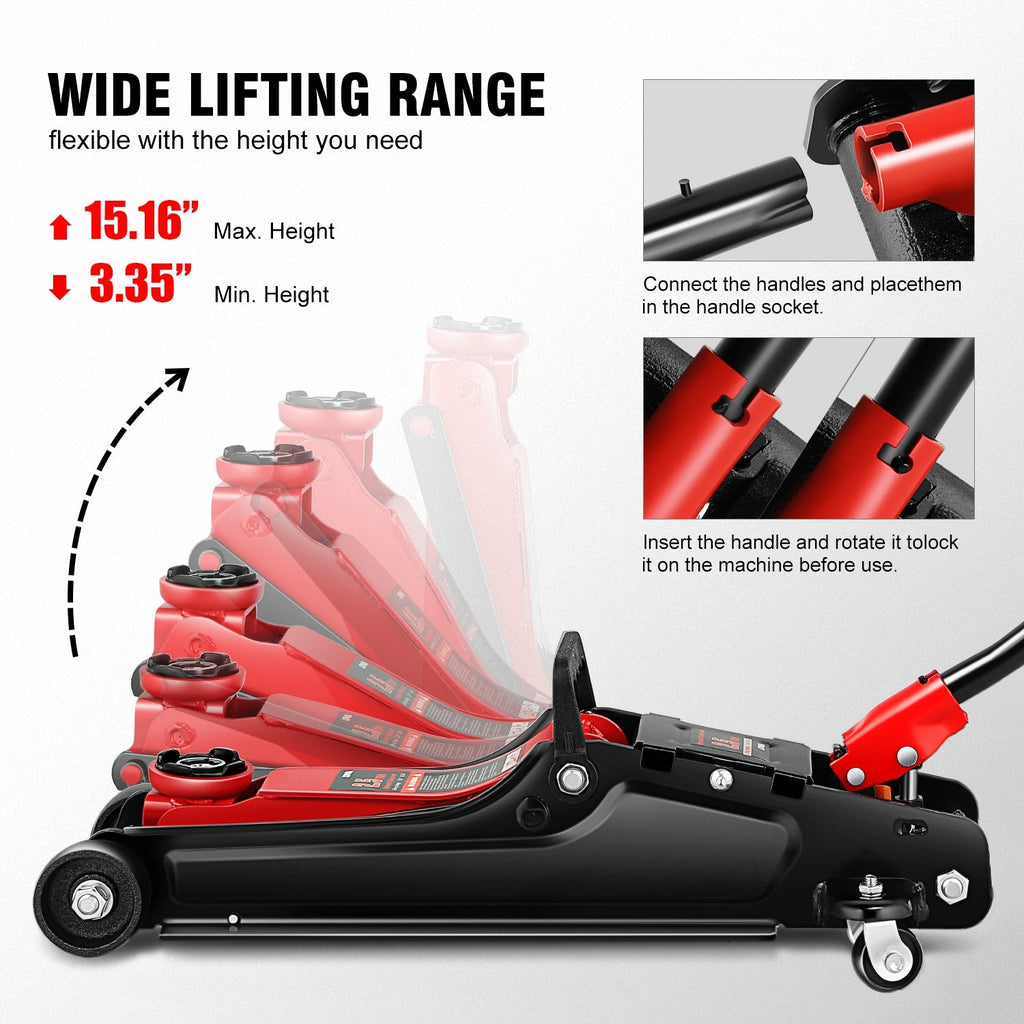 2.5 Ton (5500 lbs) Low Profile Hydraulic Floor Jack, Steel Trolley Service Jack with Safety Release Valve, 3.35"-15.16" Lift Range, Swivel Casters, for Garage & Heavy-Duty Use