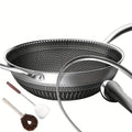 13.3" Tri-Ply Stainless Steel Non-Stick Wok with Lid, Spatula & Brush - Honeycomb Design, Works on All Stoves Including Induction, for Home Cooking & Camping