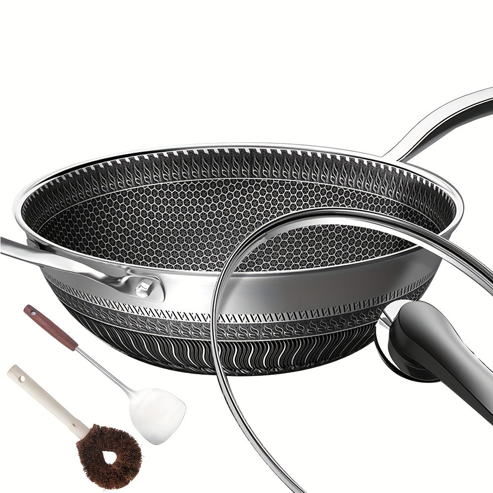 13.3" Tri-Ply Stainless Steel Non-Stick Wok with Lid, Spatula & Brush - Honeycomb Design, Works on All Stoves Including Induction, for Home Cooking & Camping