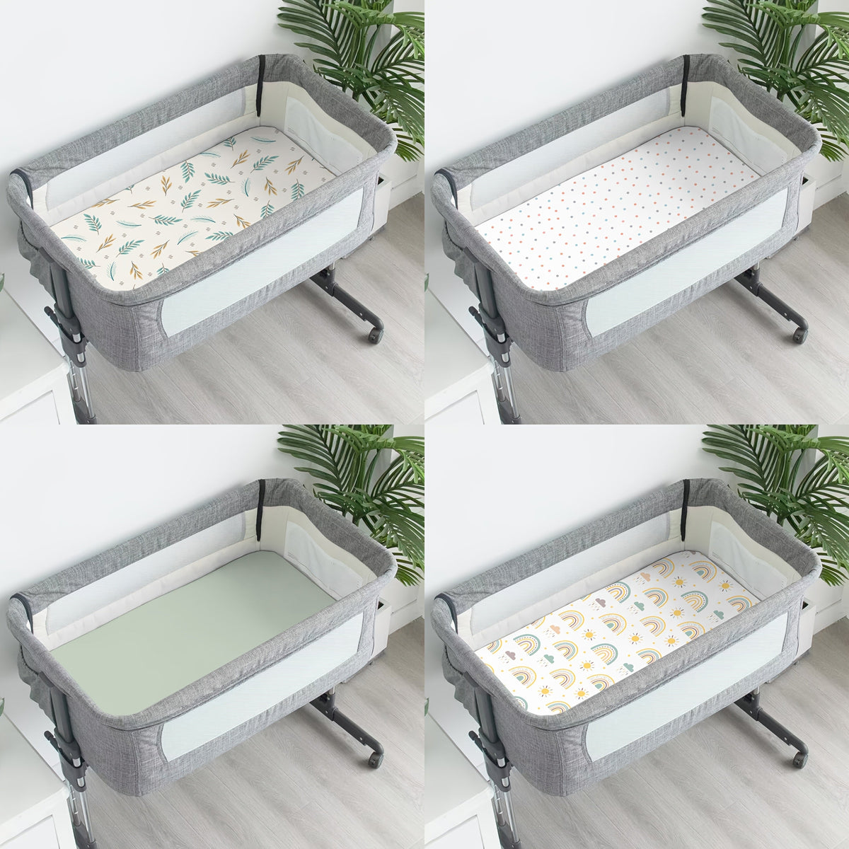 4-Piece Baby Crib & Mini Mattress Fitted Sheet Set, Soft Skin-Friendly Breathable Fabric, 20 × 33 × 4 Inches, Freely Mixable & Machine Washable, Nature Rainbow & Pink Floral Butterfly