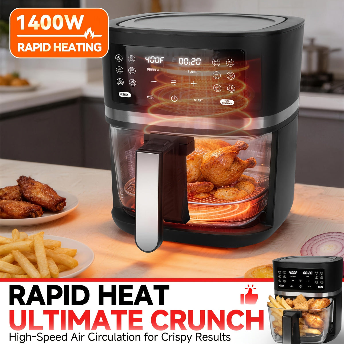 Glass Air Fryer 4.5 Quart 12-in-1, Non-Toxic Borosilicate Glass Basket, Dishwasher-Safe, PFOA/PFAS Free, Programmable Time & Temp, Healthy Cooking Air Fryer for Family, Graphite