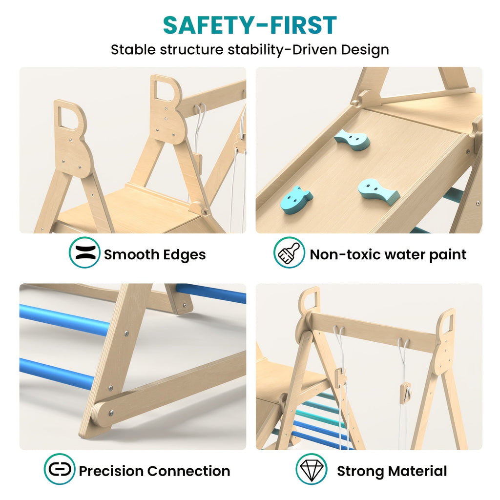 4-in-1 Indoor Wooden Jungle Gym for Toddlers & Kids, A-Frame Climbing Set with Swing, Slide, Climbing Wall & Ladder, Natural Wood Indoor Playground for Active Play & Motor Skill Development