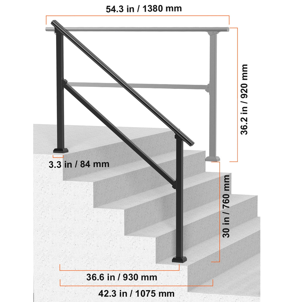 Outdoor Stair Handrail for 4-5 Steps, 220 lbs Load, Square Tube Steel, 0-40° Adjustable Angle, Stainless Steel Expansion Bolts, Full Hardware Set, for Porch Deck Garage Garden, Black