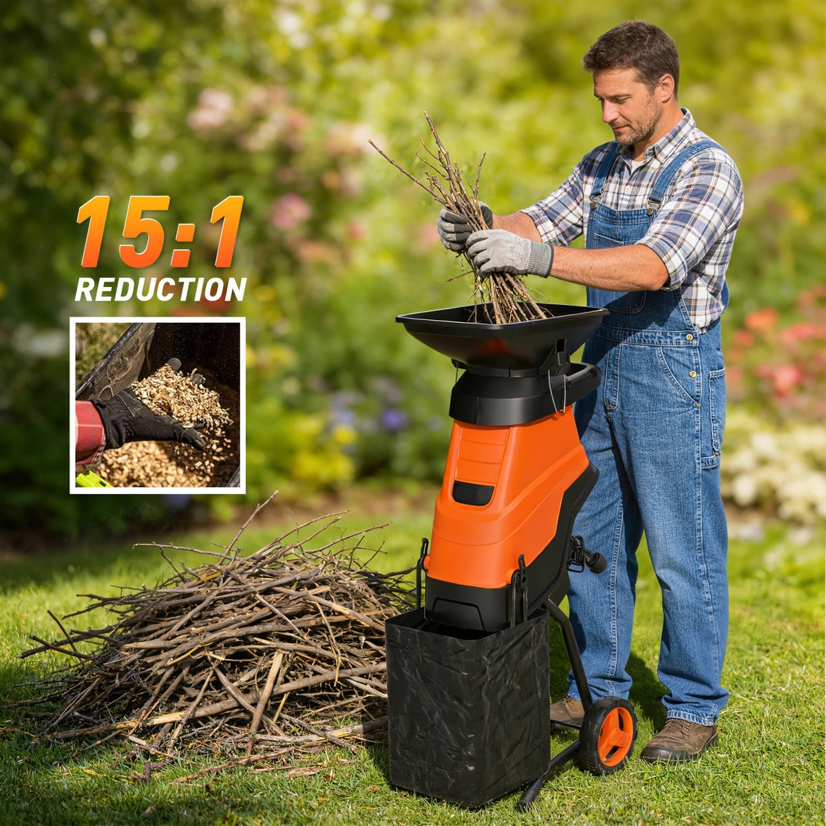 Maxlander 15-Amp Heavy-Duty Electric Wood Chipper & Leaf Shredder 1.75-Inch Cutting Capacity 11.89-Gal Collection Bag Yard Waste Mulcher for Branches Twigs & Leaves – Orange