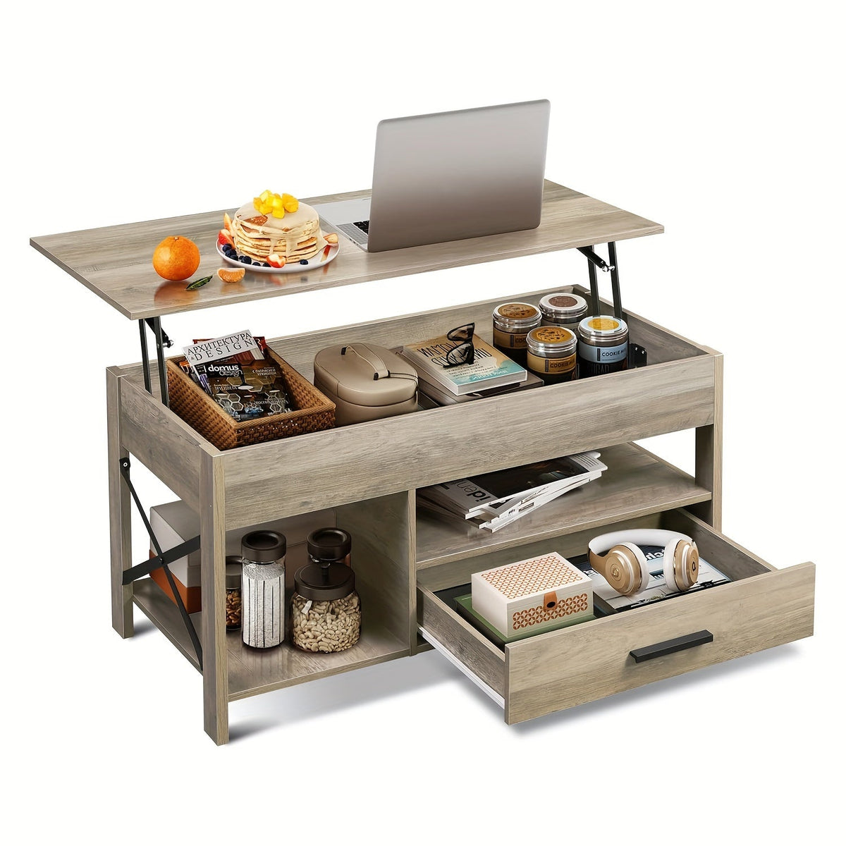 Lift Top Coffee Table with Storage Drawers & Hidden Compartment, Modern Wood HDF Space-Saving Adjustable Lift Top Table for Living Room Reception Room, Rustic Brown Greige Espresso