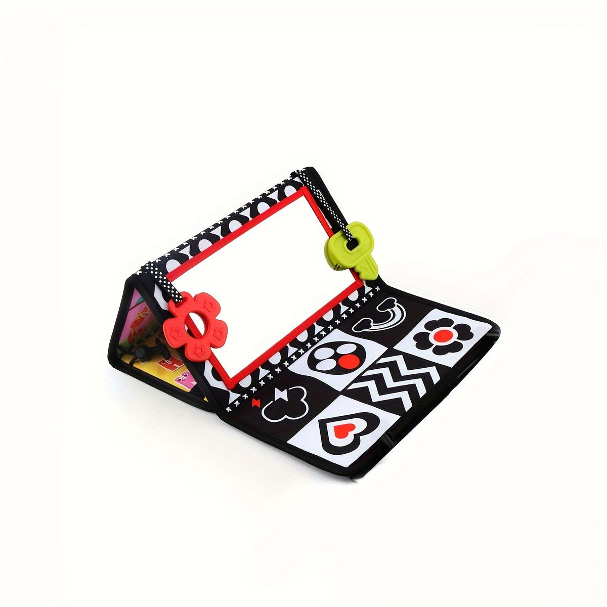 Double-Sided High Contrast Tummy Time Mirror & Teether, Black & White Sensory Toy for Newborns & Infants, Developmental Crawling Aid with Four-Fold Design