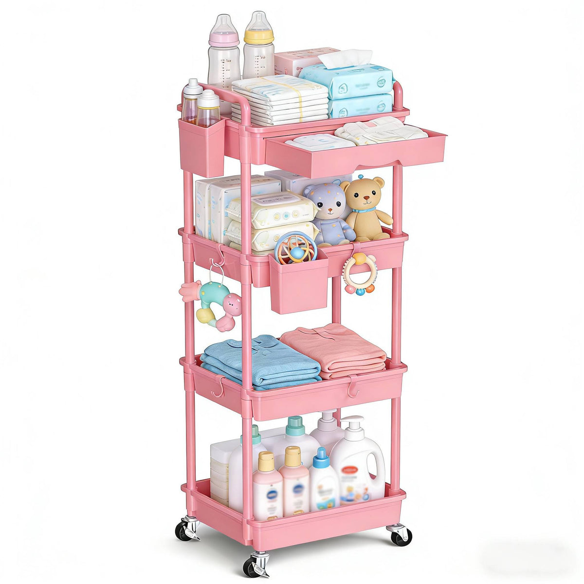3-Tier & 4-Tier Mobile Nursery Storage Cart on Wheels, Space-Saving Rolling Organizer for Nursery & Baby Room Decor, Sturdy with Smooth Wheels, Baby Pink, Green, Blue, Purple, White, Black & Grey