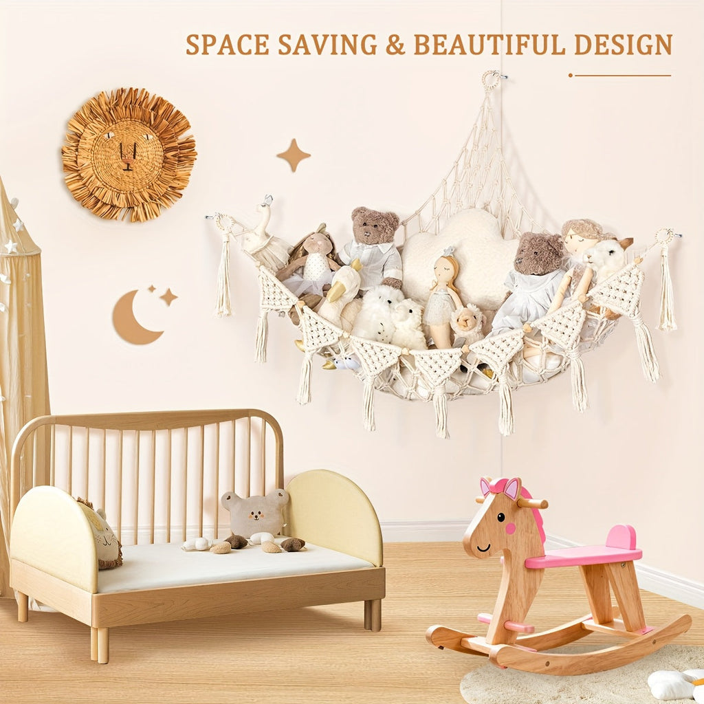 Macrame Stuffed Animal Storage Hammock, Jumbo Corner Hanging Plushie Net Organizer for Kids Nursery & Bedroom Decor, 9 Colors Including White Gray Pink Black & Rainbow