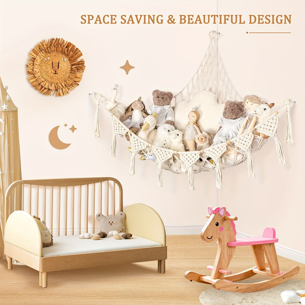 Macrame Stuffed Animal Storage Hammock, Jumbo Corner Hanging Plushie Net Organizer for Kids Nursery & Bedroom Decor, 9 Colors Including White Gray Pink Black & Rainbow