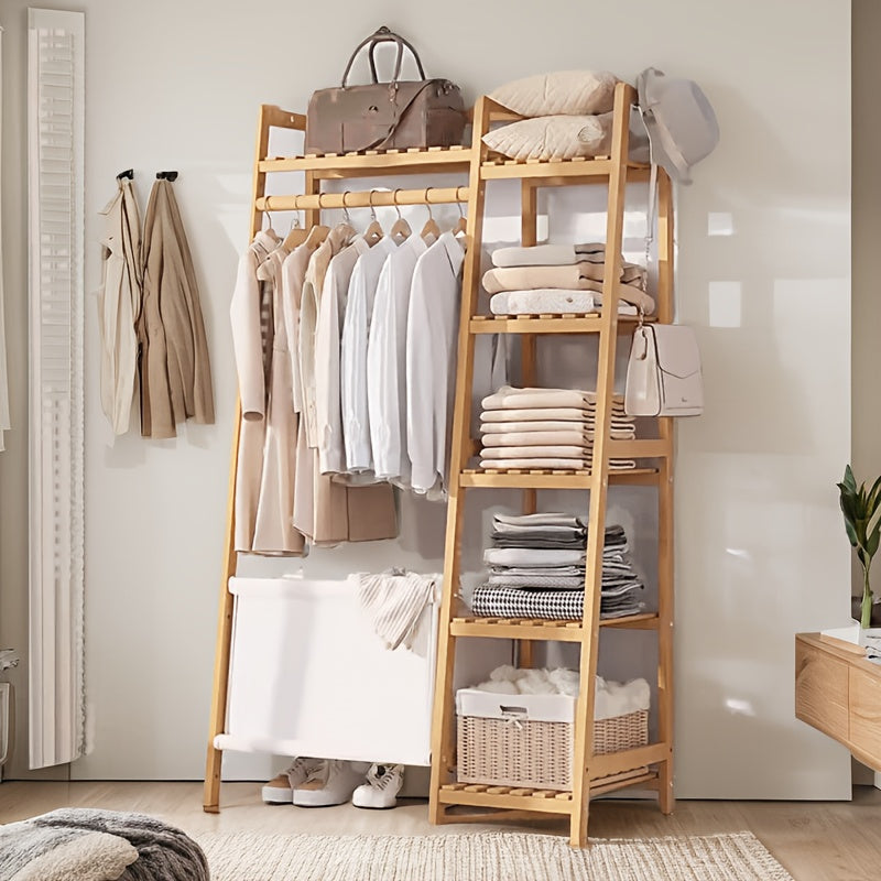 Bamboo Clothes Rack with Shelves Hat Hooks & Storage Bag – Adjustable Multi-Capacity Clothing Stand for Bedroom Closet in 32 / 51 / 75 Inch Brown & Natural