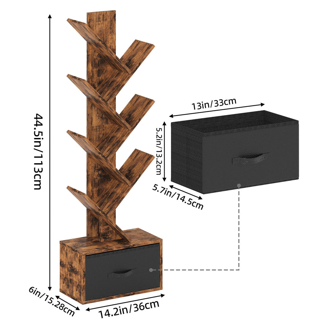 6-Tier Tree Bookcase 44.5" Vintage Narrow Floor Standing Bookshelf with Drawer – Wooden Book Organizer for Office Bedroom Living Room