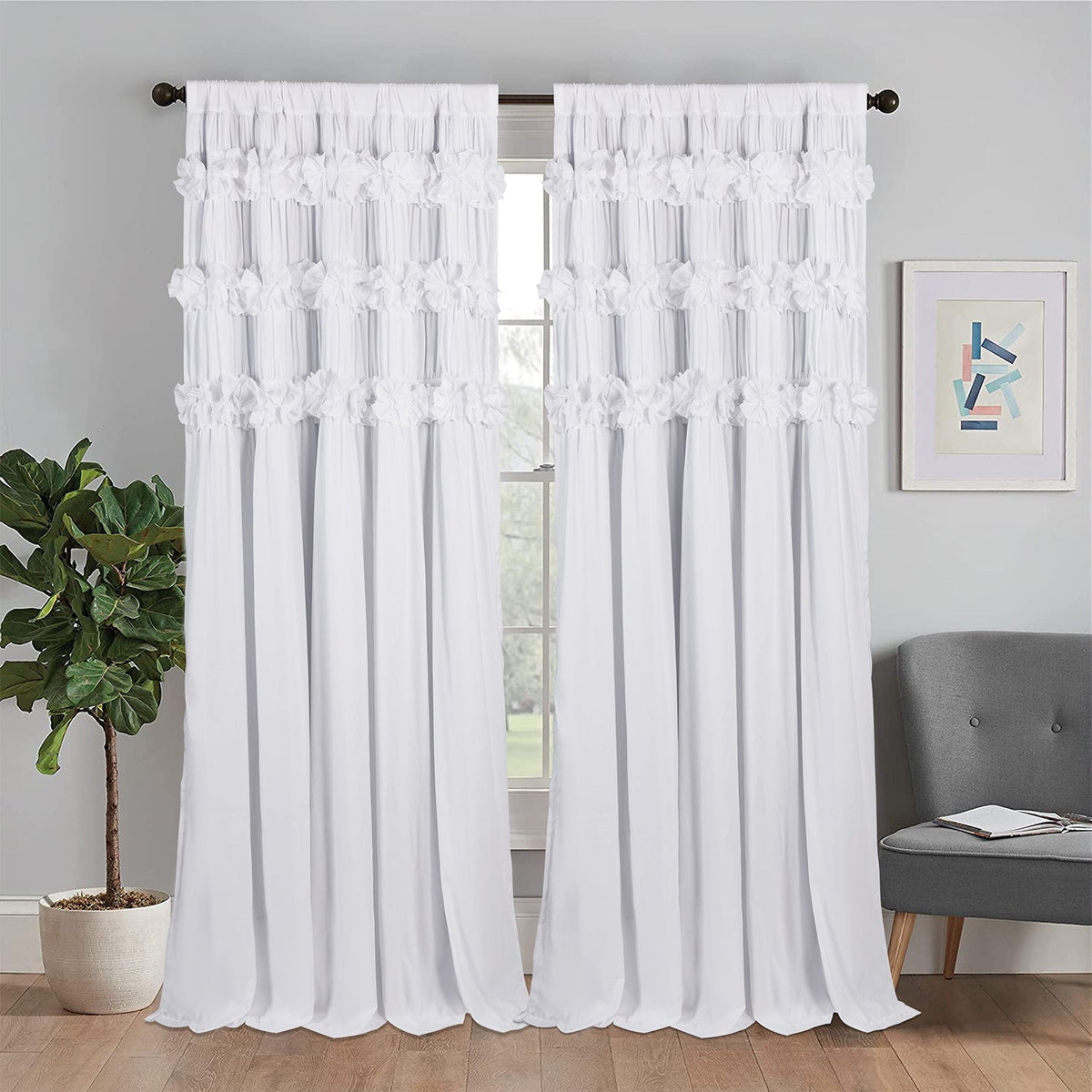 2-Panel 54"x84" Thermal Blackout Curtains – Hand-Ruffled Butterfly Garden Design Room Darkening Energy Saving for Bedroom & Living Room in Peach Pink White Camel Dusty Blue & Black