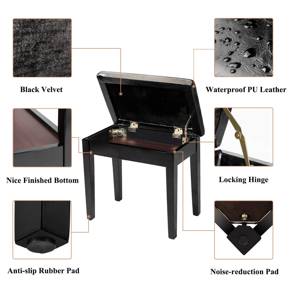 Bonnlo Wooden Duet Piano Bench - Thick PU Leather Padded Cushion, Under-Seat Sheet Music Storage, Locking Lid, 440 lbs Solid Wood Legs - Black & Brown, 21.5" or 29.5" Wide