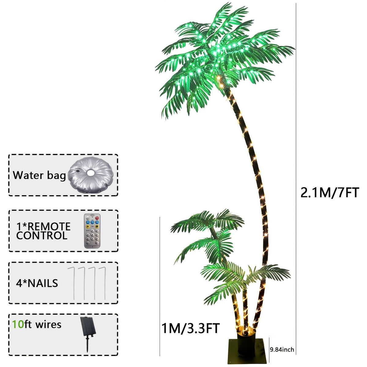 7ft Solar Artificial Palm Tree with 260 LED Lights, 8 Lighting Modes & Timer, Weather-Resistant Heavy Metal Base, Outdoor Decor for Patio Pool Tiki Bar Beach Yard, Christmas Party Decoration