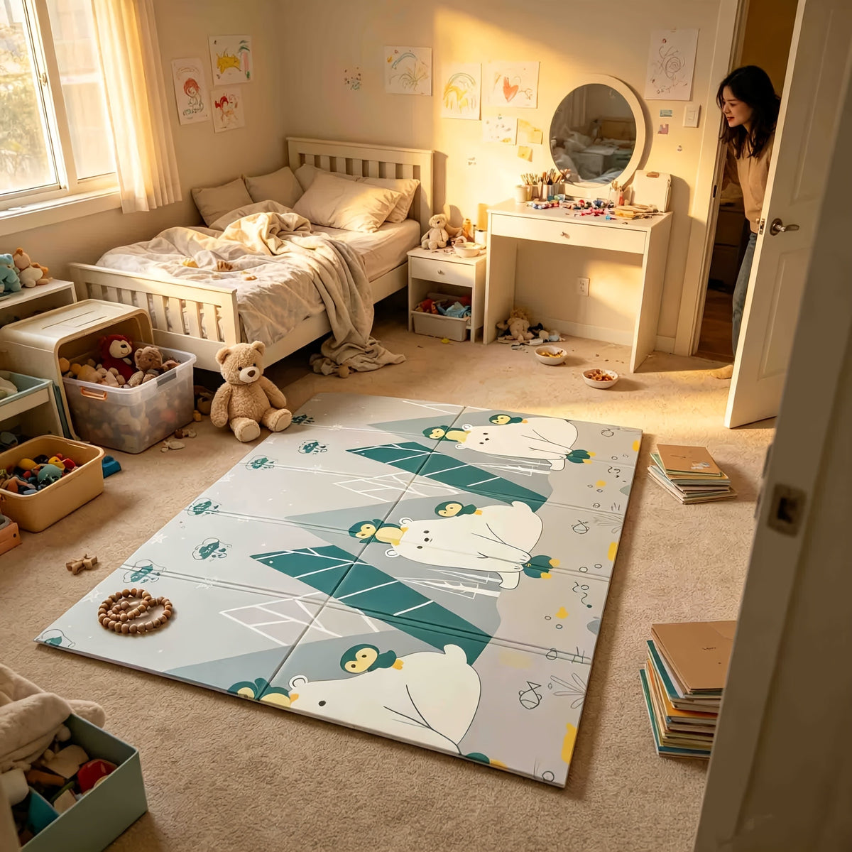 Double-Sided Baby Crawling Mat, Soft Thickened Tummy Time & Learning to Walk Play Mat, Foldable for Easy Storage, Indoor Use, 2 Designs Including Alphabet Penguin (79x71") & Polar Bear (59x79")