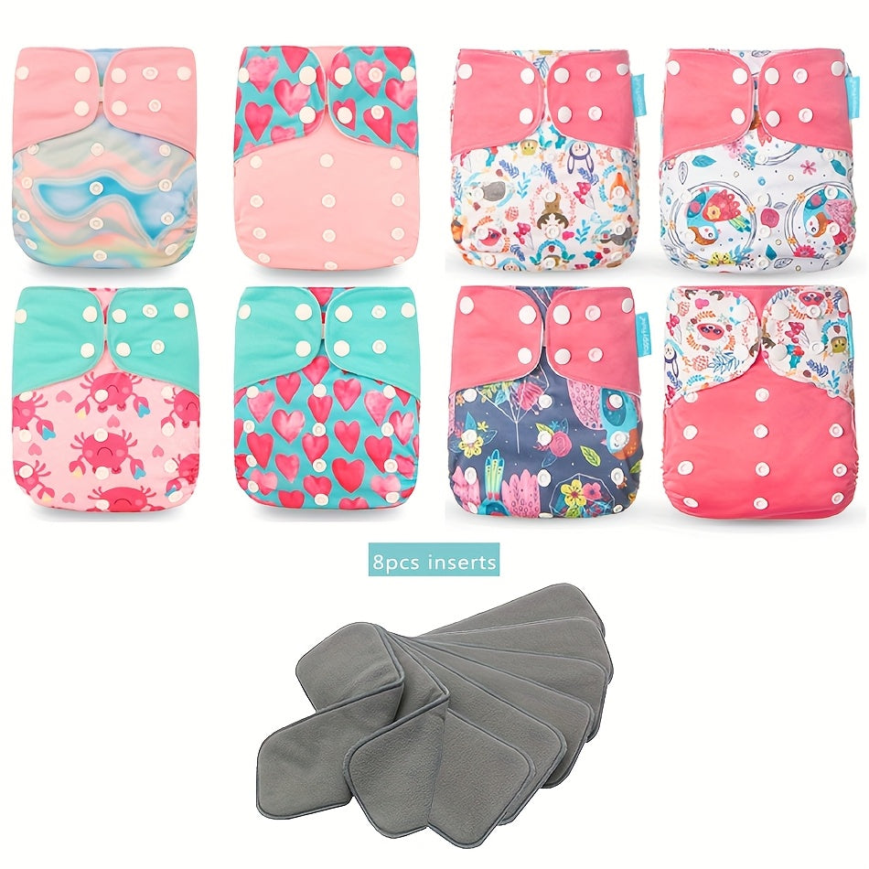 HappyFlute 8-Pack Washable Pocket Cloth Diapers + 8-Pack Inserts Set, Reusable Newborn Baby Cloth Diaper Suit, 4 Print Styles Including Fox & Whale Rainbow & Animals Love & Birds & Plain