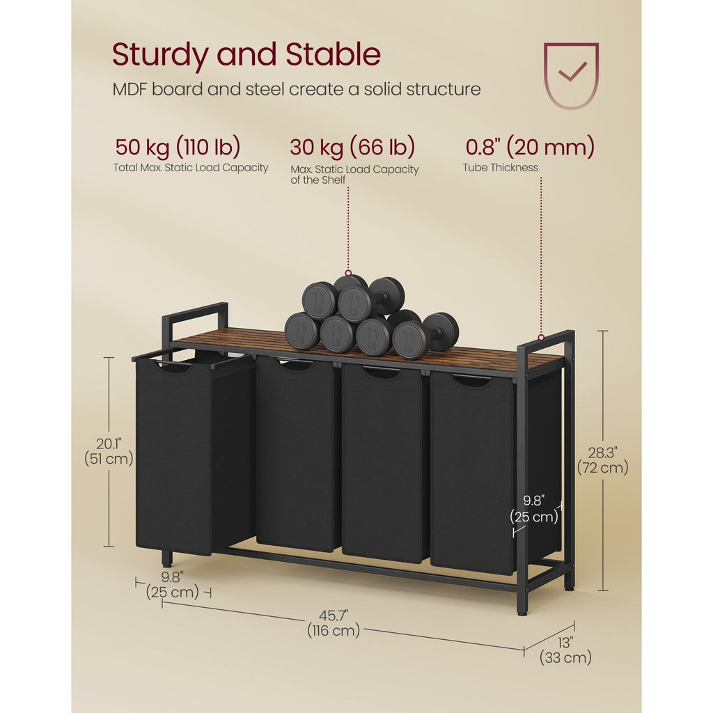4-Compartment Laundry Sorter & Hamper, 42.3 Gallon Total (4x10.6 Gal), 4 Pull-Out Oxford Fabric Bags, Slatted Ventilation Shelf, 0.8" Steel Frame, Anti-Tip Kit, 45.7"x13"x28.4", Rustic Brown & Black
