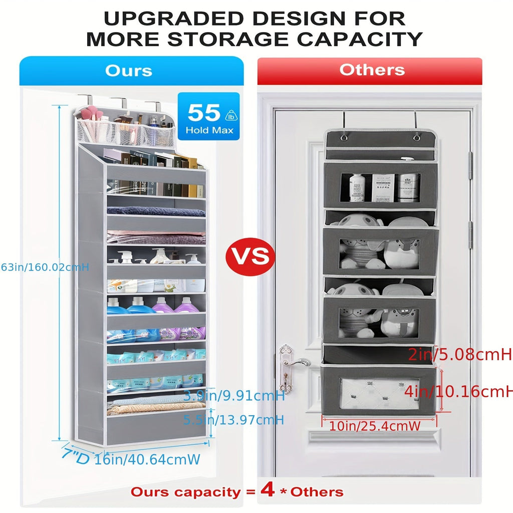 Over-the-Door Hanging Storage Organizer, 7 Spacious Pockets with Clear Window, 50 lb Capacity Door Organizer for Shoes Diapers & Bedroom Storage, Dark Grey