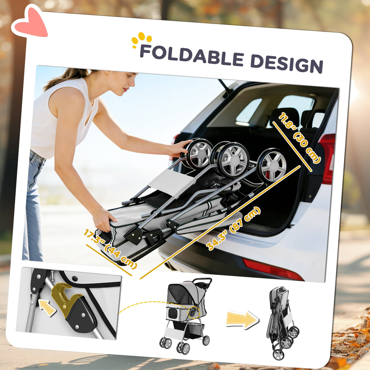 Foldable Pet Stroller for Dogs & Cats up to 22 lbs, 4-Wheel with Brake, Panoramic Mesh Windows, Reflective Strips, Removable Washable Cushion, Cup Holder & Storage Basket, Grey