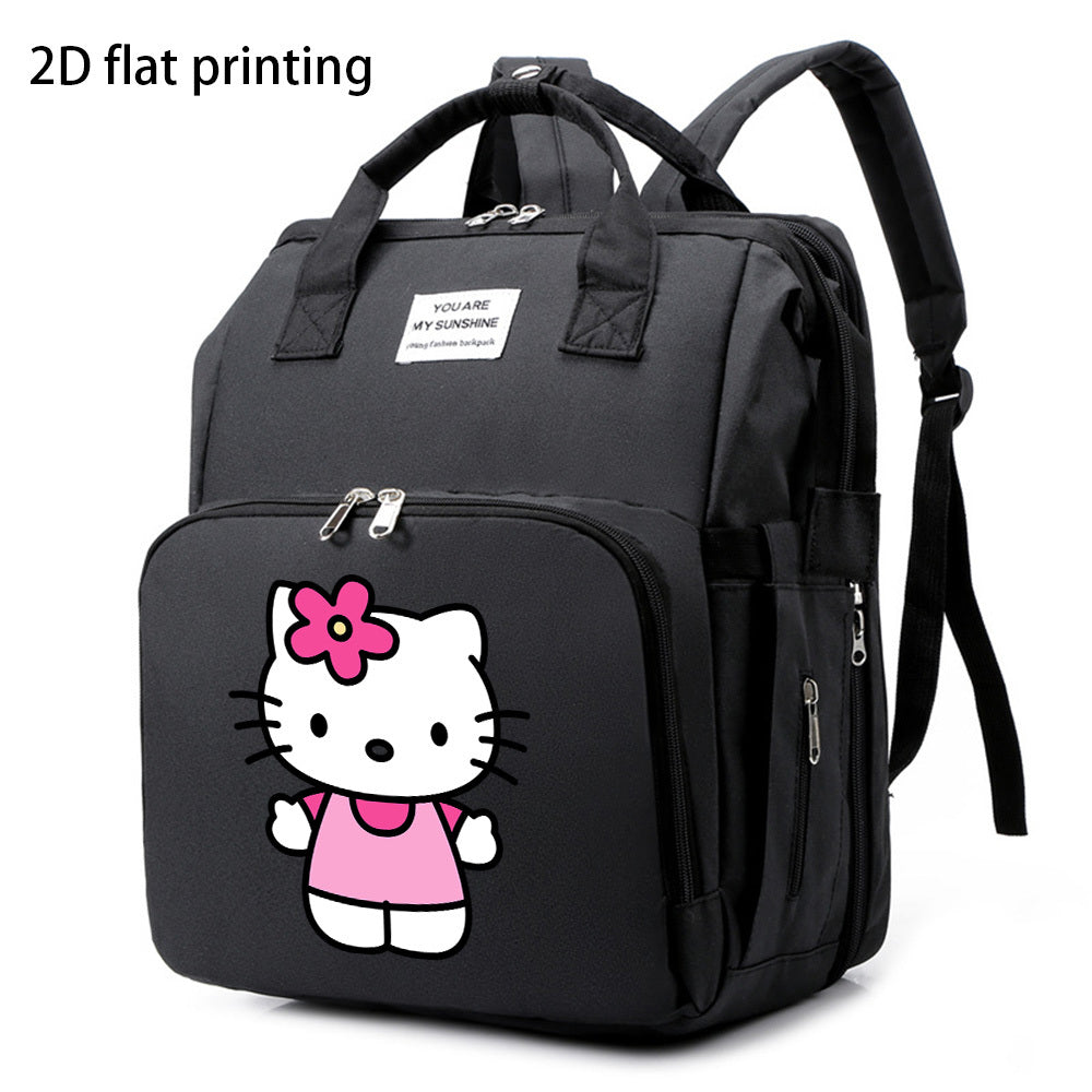 Cute Cartoon Kitty Print Large Capacity Diaper Backpack with Changing Station, Portable Mommy Baby Bag for Travel & Daily Outings, Purple Black & Grey, Halloween Thanksgiving Gift