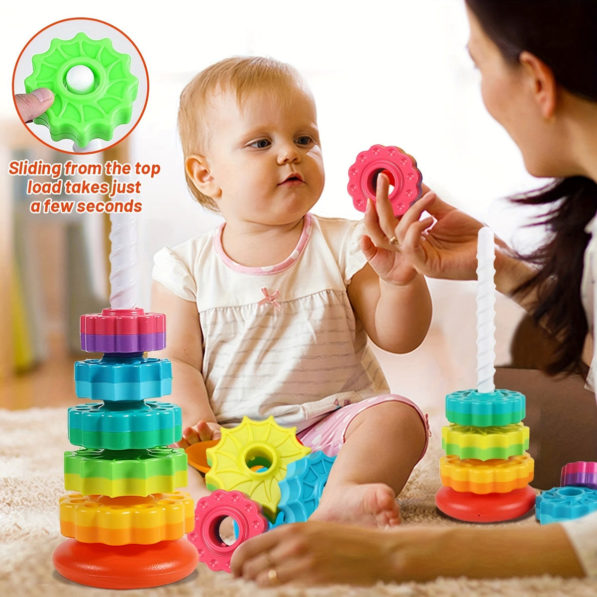 5-in-1 Rainbow Spinning Gear Tower with Rotating Base Interactive Educational Toy for Toddlers Motor Skills Hand-Eye Coordination Cognitive Development