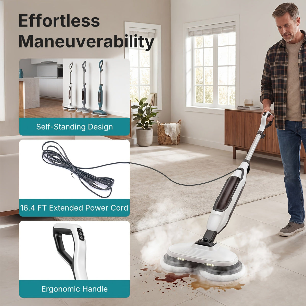 Steam Mop for Floor Cleaning with Dual Spin Rotating Pads, 2 LED Lights, 4 Steam Modes & 16.4FT Cord, Heavy Duty Electric Floor Steamer for Hardwood, Tile, Laminate & Grout, White Gray Green