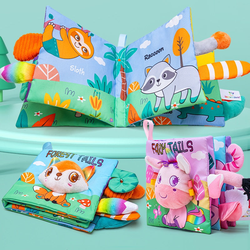 Baby Cloth Sensory Book with 3D Animal Tails, Interactive Soft Fabric Book for Infants & Toddlers 0-12 Months, Crinkle Teething Toy for Cognitive & Motor Skills Development, No Batteries Needed