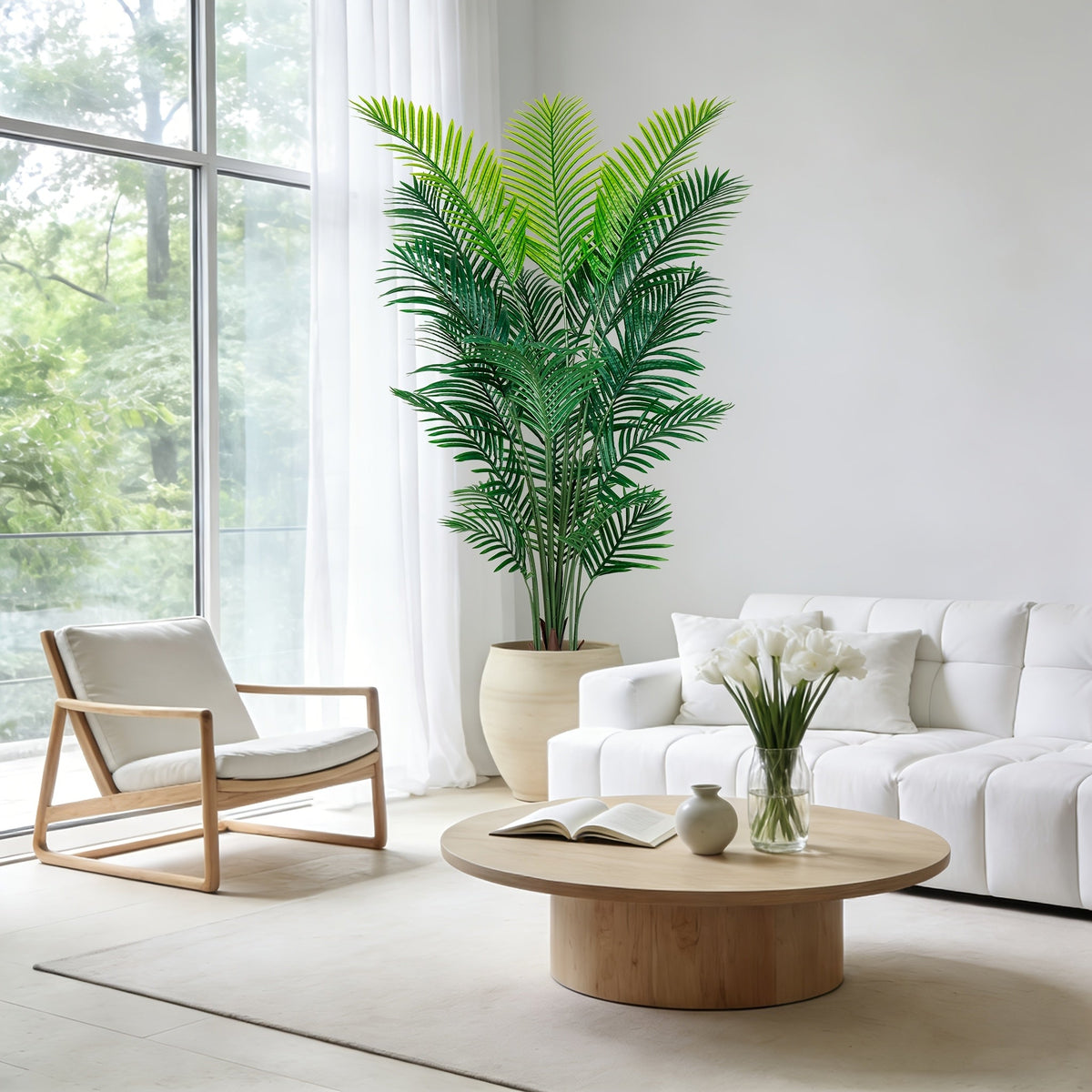 Artificial Palm Tree 4/5/6ft – UV-Resistant Faux Areca Palm with Realistic Dense Leaves & Black or White Planter Option for Living Room Patio Office Commercial Decor