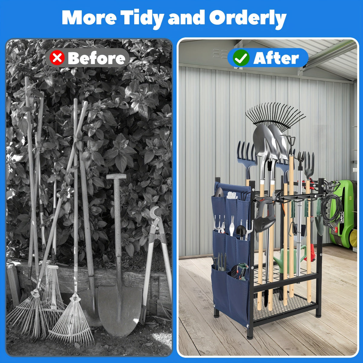 Metal Garden Tool Organizer Rack with Storage Bag - Holds 35 Long-Handled Tools - Broom, Shovel & Rake Holder - Heavy-Duty Garage, Outdoor & Yard Storage - Black