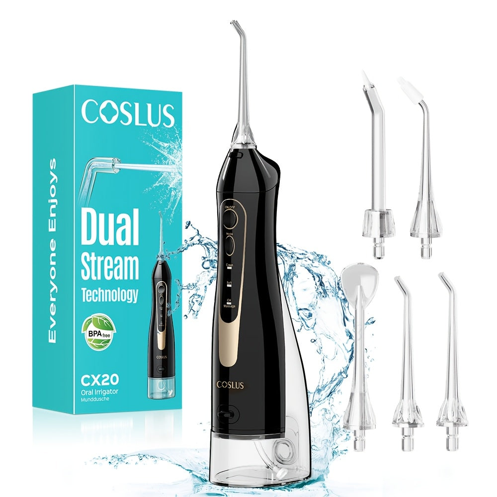 COSLUS CX20 Cordless Water Flosser with 4 Modes & 5 Tips - IPX7 Waterproof, 30-Day Battery, USB Rechargeable, Portable Oral Irrigator for Teeth Cleaning Travel Home - Black Gold & White Gold