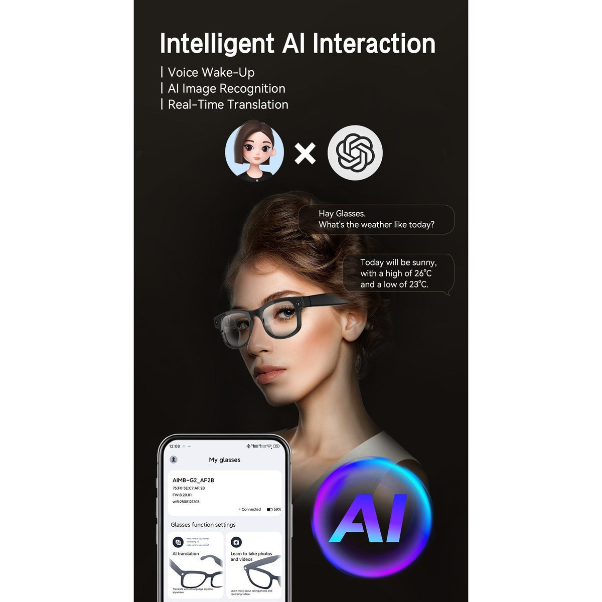 AI Smart Glasses with 8MP Camera & Real-Time Translation - HD Video Recording, Bluetooth Calls & Music, Touch Control, AI Recognition, 3 Interchangeable Lens Pairs, Travel & Outdoor - Black