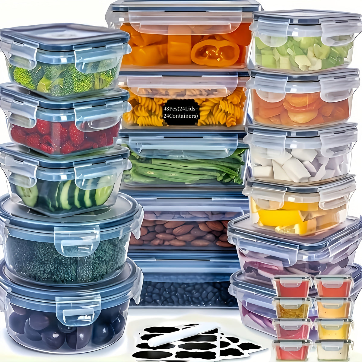 Airtight Food Storage Container Set - 24, 40 & 48-Piece, Leak-Proof 4-Side Locking Lids, Stackable, Food-Grade Plastic, Fridge, Freezer & Dishwasher Safe - Pantry, Kitchen, Travel & Picnic with Labels