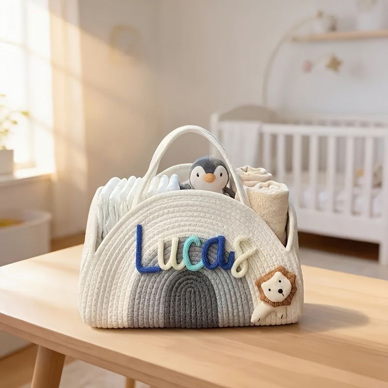 Large Diaper Storage Basket with Handle & Cute Doll, Lightweight Nursery Organizer for Diapers & Baby Clothes, Decorative Baby Room Storage, 3 Colors Including Green Grey & Brown