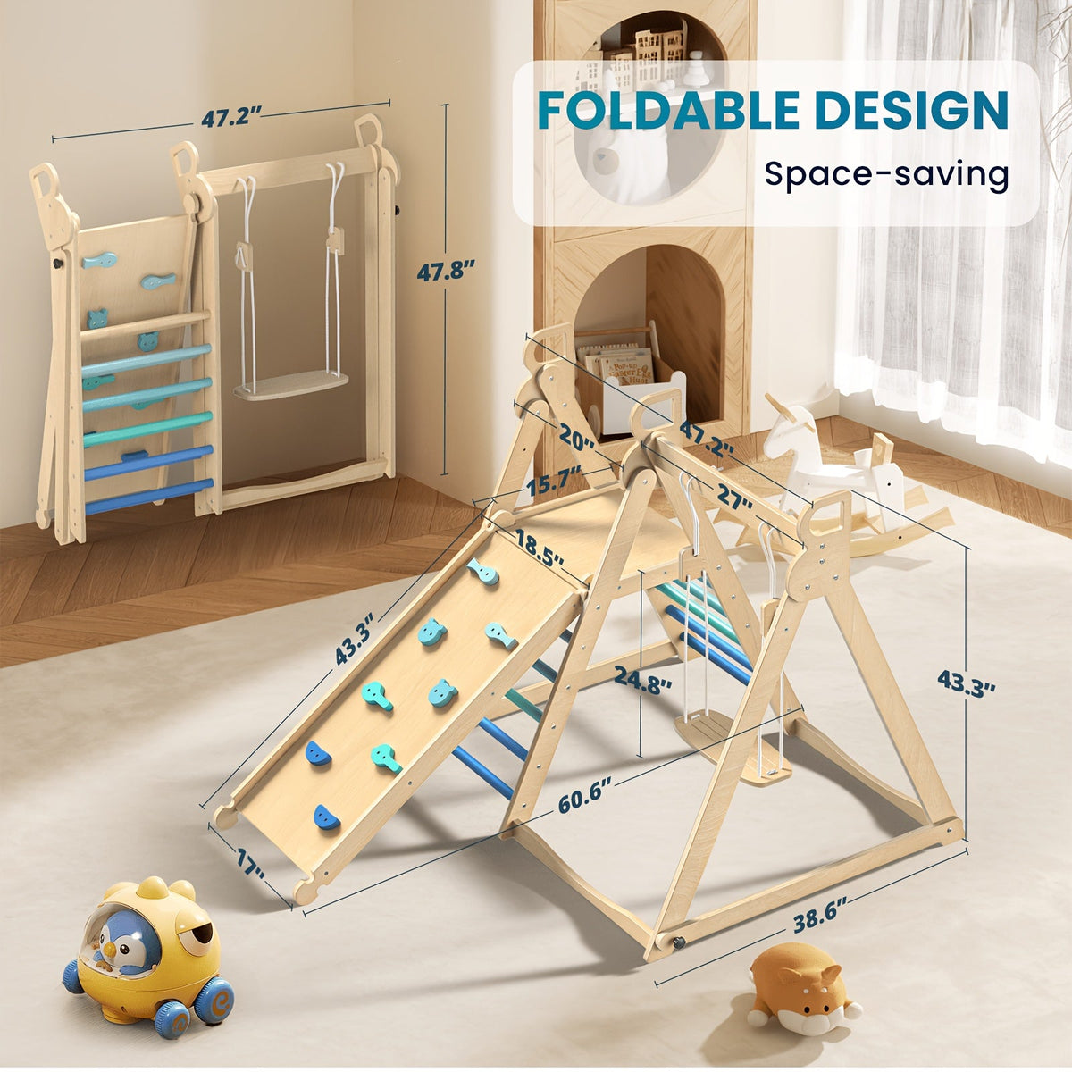 4-in-1 Indoor Wooden Jungle Gym for Toddlers & Kids, A-Frame Climbing Set with Swing, Slide, Climbing Wall & Ladder, Natural Wood Indoor Playground for Active Play & Motor Skill Development