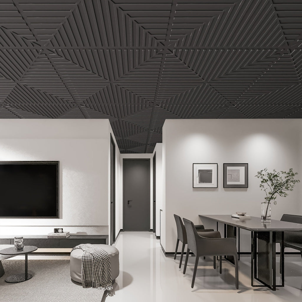 Drop Ceiling Tiles 24"x24" - 12-Pack PVC 3D Textured Panels, 48 Sq Ft, Fits 15/16" T-Bar Suspended Grid or Adhesive, Trimmable - Living Room, Bedroom, Office, Kitchen & Basement - Black