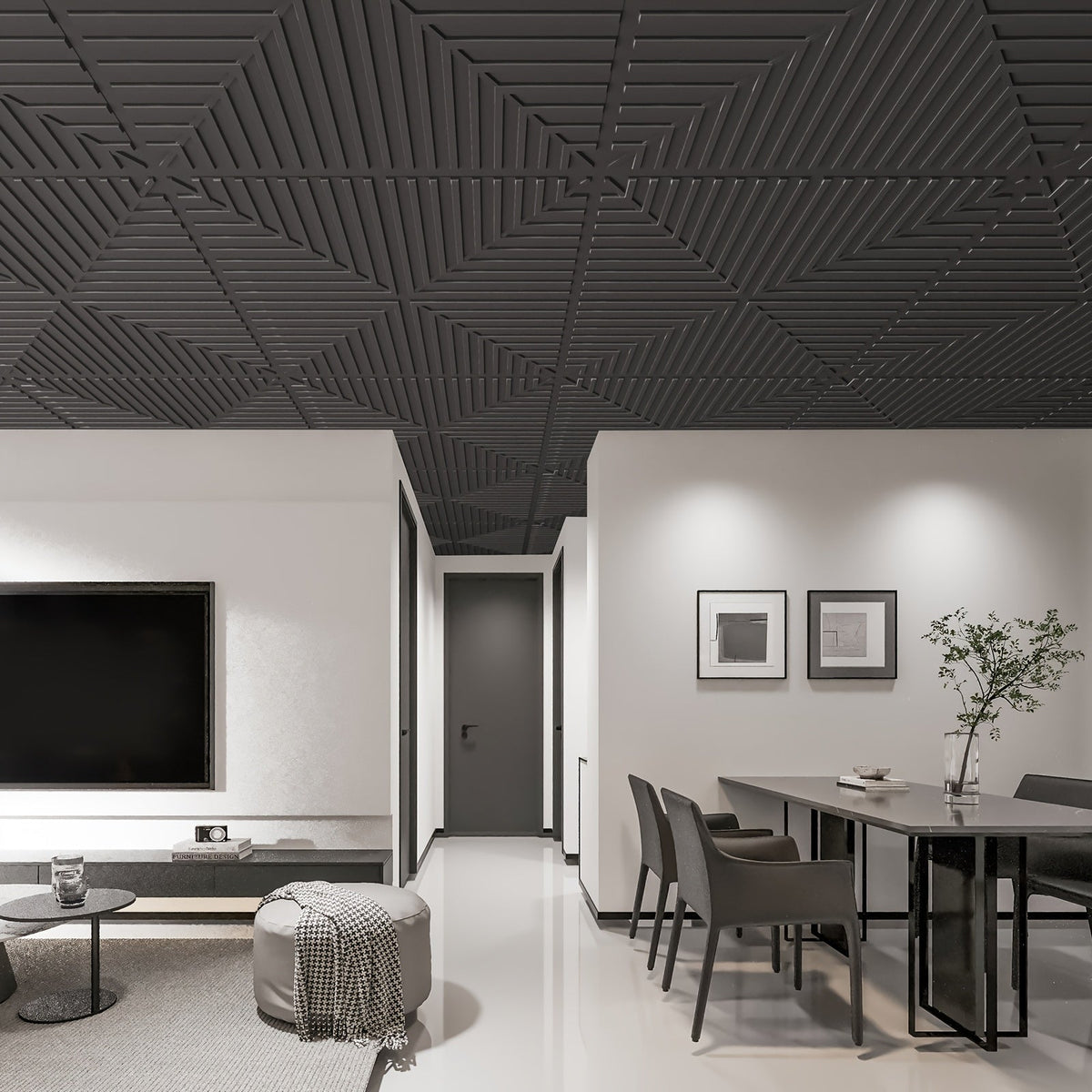 Drop Ceiling Tiles 24"x24" - 12-Pack PVC 3D Textured Panels, 48 Sq Ft, Fits 15/16" T-Bar Suspended Grid or Adhesive, Trimmable - Living Room, Bedroom, Office, Kitchen & Basement - Black