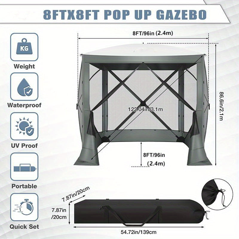 8x8 Pop-Up Gazebo with Mesh Tent Portable Outdoor Canopy with Tote Bag & Ground Stakes for Camping Garden Picnic & Backyard – Brown, Khaki, Blue & Grey