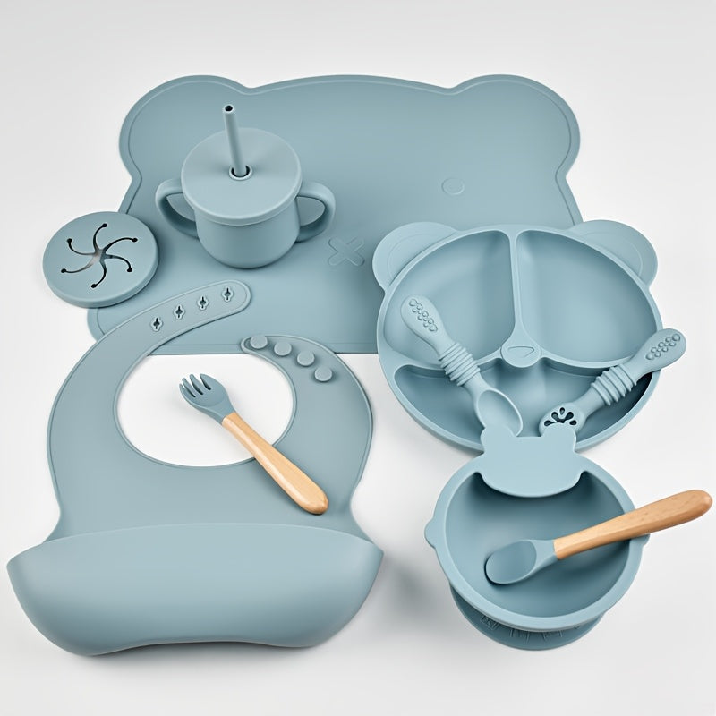 10-Piece Baby Toddler Silicone Tableware Set for Ages 1-3, Complete Feeding Set with Silicone Dinner Plate Fork Spoon Suction Cup Bowl Bib Snack Cup & 2-in-1 Straw Cup, BPA-Free Baby Mealtime Essentials