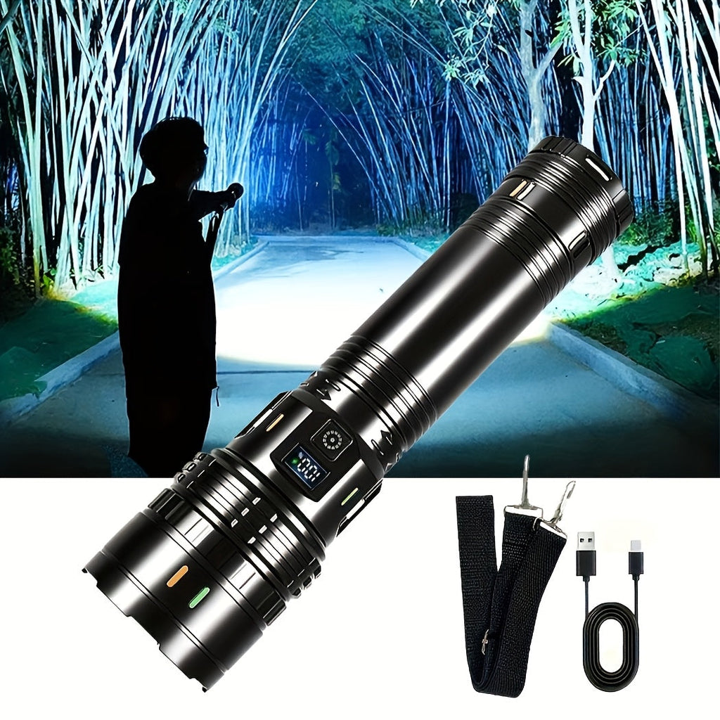 High-Power LED Tactical Flashlight with Shoulder Strap - Adjustable Beam, USB Rechargeable, Lightweight ABS for Camping, Travel, Emergency & Patrol