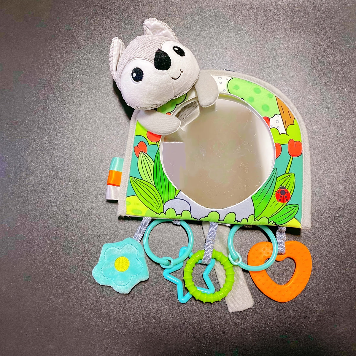 Baby Rear-Facing Car Mirror with Hanging Interactive Toys, Travel Activity Center for Tummy Time & Car Rides, Self-Awareness Tactile Auditory Visual Training, Orange Fox Gray Fox & Caterpillar