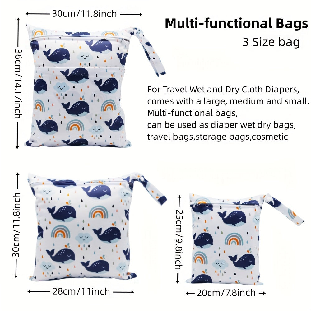 Reusable Wet Diaper Bag Set of 3 Different Sizes, Waterproof Wet Dry Bags for Cloth Diapers & Breast Pump Parts, Two Zippered Pockets & Handle for Beach Pool Gym Stroller Daycare
