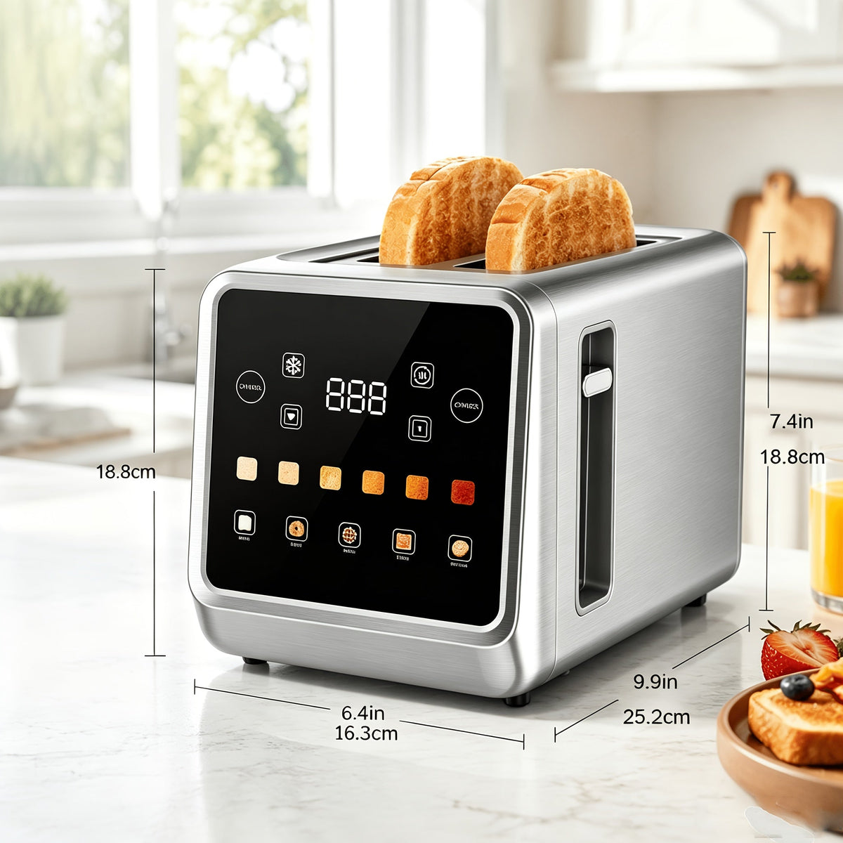 Touch Screen 2-Slice Toaster Stainless Steel Smart Digital with Memory Function 5 Bread Types 6 Shade Settings 1.5 Inch Wide Slot 900W for Home Kitchen