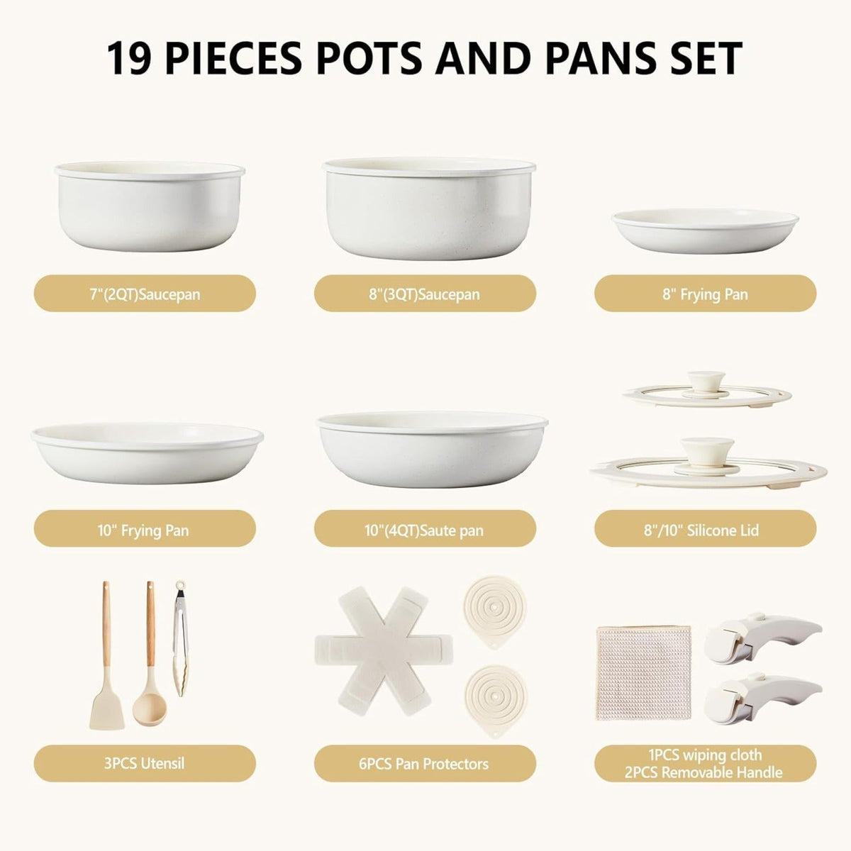Nonstick Pots and Pans Set with Detachable Handles 15-23 Piece, Cast Aluminum Cookware Set Dishwasher Safe PFAS PFOA Free, Induction Compatible Kitchen Cooking Set with Utensils for RV Home, Black Cream White