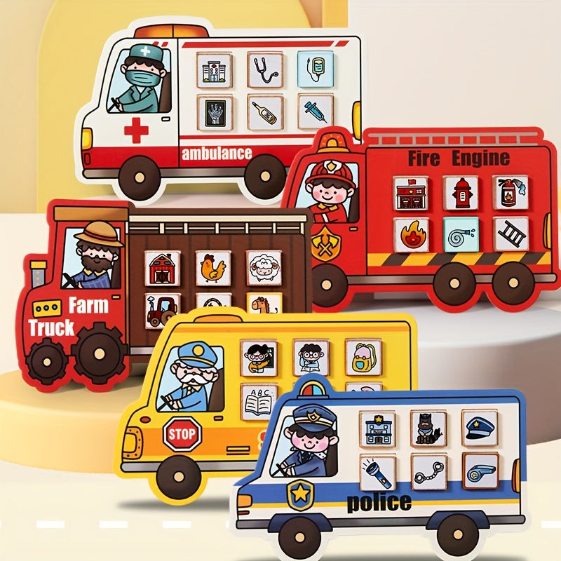 5-Theme Educational Vehicle Career Puzzle Building Blocks Toy Set, Farm Truck School Bus Police Car Ambulance & Fire Truck, Hand-Eye Coordination & Cognitive Skills Development Toy for Kids